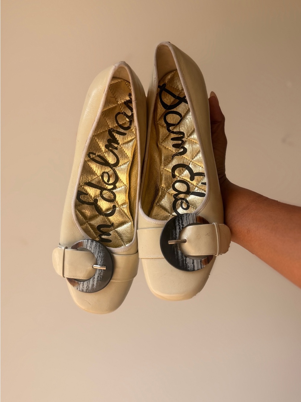 Sam Edelman Cream Leather low heel with Decorative Round Buckle